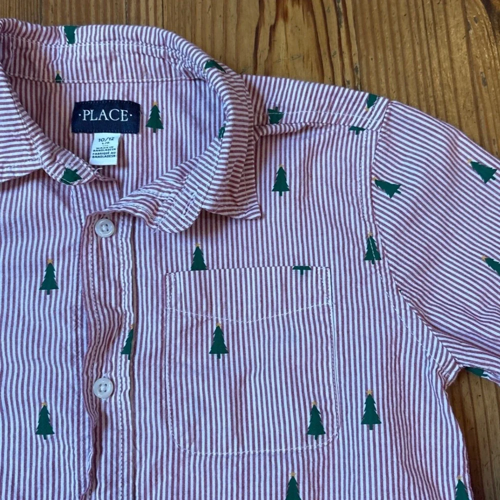 The Children's Place Button Down Shirt Kids Red Stripe Christmas Tree SIZE 10/12